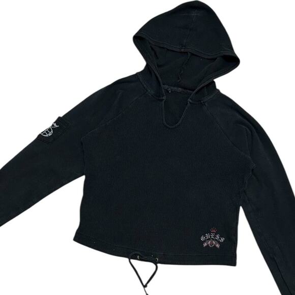 Guess Y2K Grunge Thermal Crop Style Hooded Sweatshirt - Picture 2 of 4